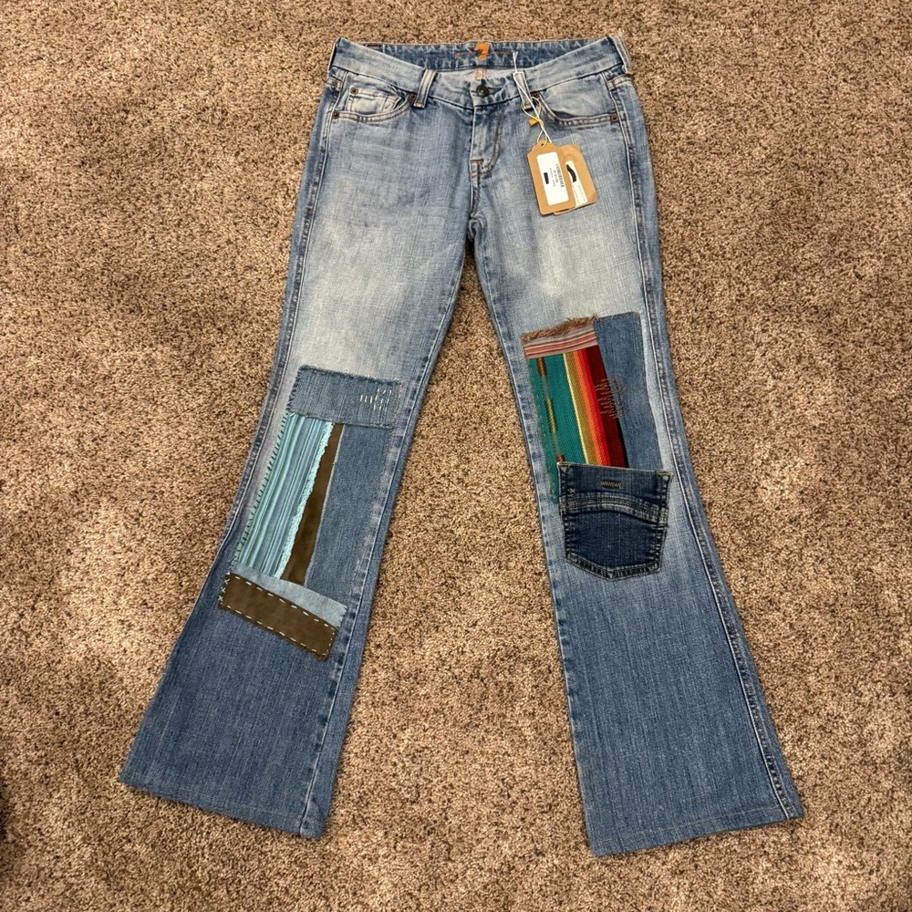 74AMK Upcycled Custom Patchwork Flare Jeans Sz 26 – One-of-a-Kind Denim